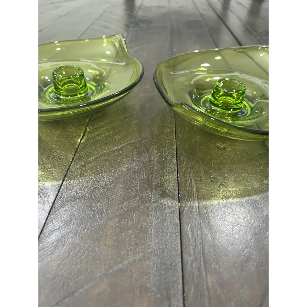 Viking Art Amoebic Epic Glass Candle‎ Holders #1196 Avocado Green Set of 2 MCM